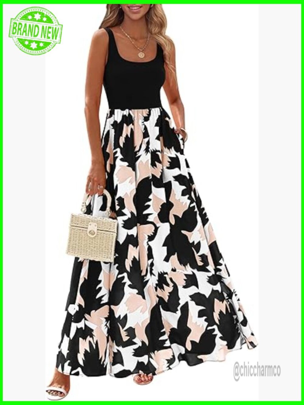 Sleeveless Boho Floral Maxi Dress with Pockets Tank Swing Scoop Neck Sundress